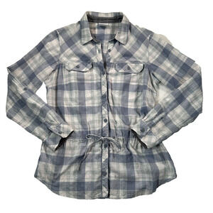 Columbia Button Down Shirt Women’s Small Blue White Gingham Drawstring Waist